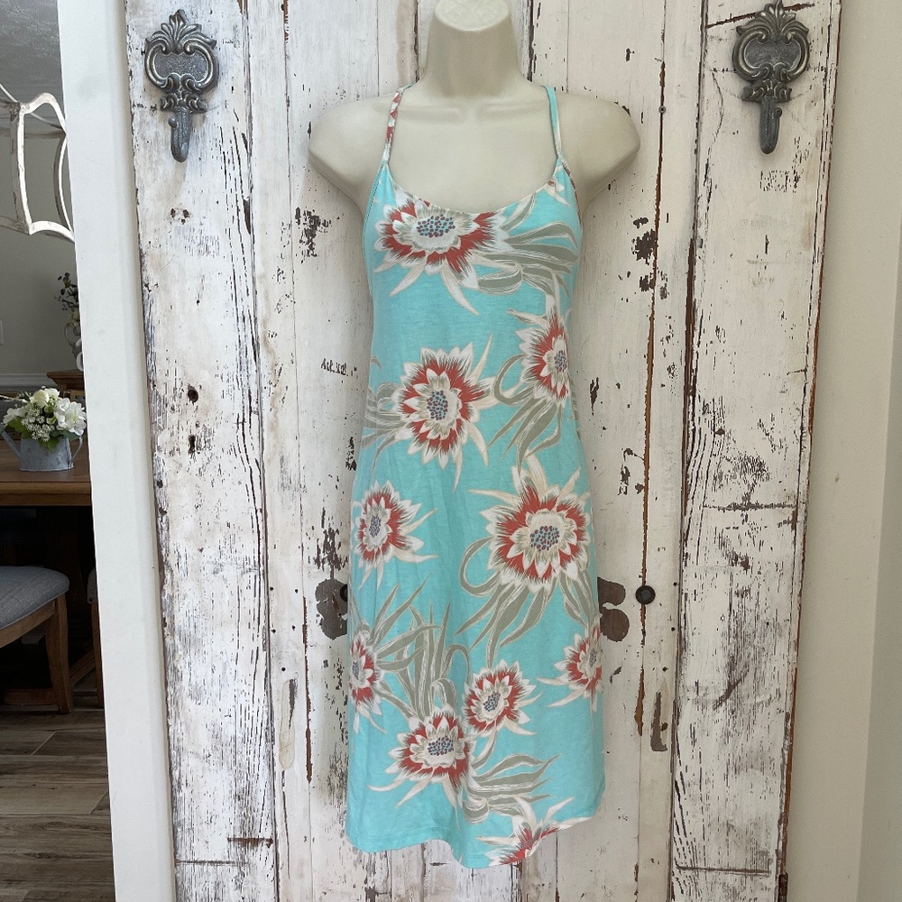Patagonia Edisto Dress Sz. Medium Blue Coral Pink Tropical Floral Woman's Casual